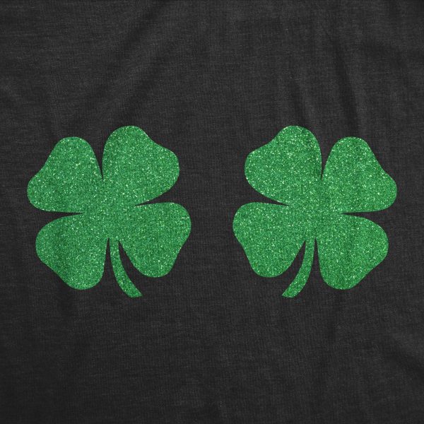 Womens Clover Tits Tshirt Funny Glitter Four Leaf Clover St. Paddy’s Day Parade Boob Novelty Graphic Tee For Ladies