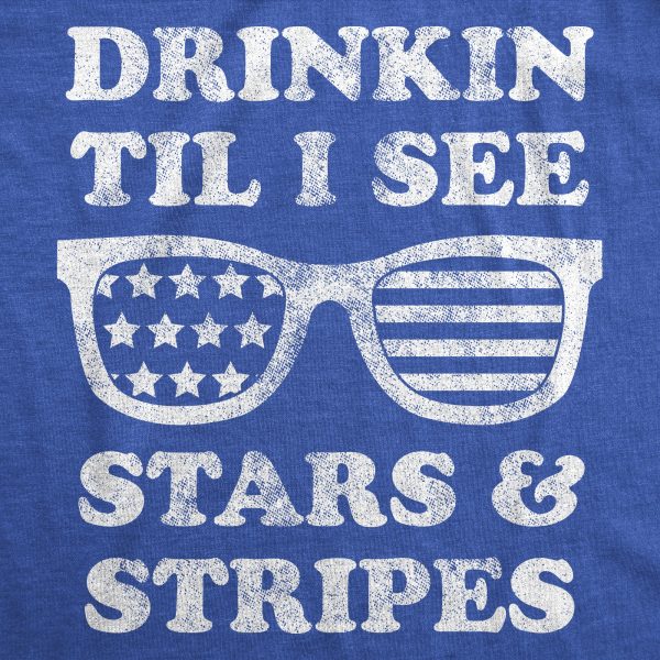 Womens Drinkin Til I See Stars And Stripes Tshirt Funny 4th Of July Sunglasses Graphic Tee