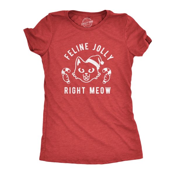 Womens Feline Jolly Right Meow Tshirt Funny Christmas Cat Kitten Lover Graphic Tee