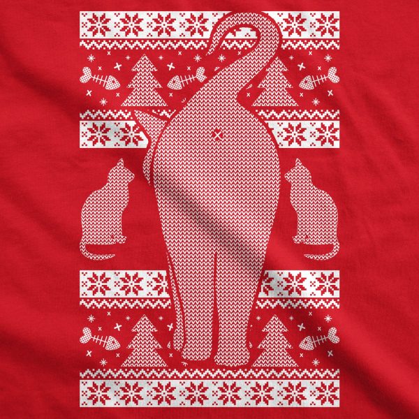 Womens Festive Cat Butt Ugly Christmas Sweater T Shirt Funny Holiday Party Tee