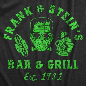 Womens Frank And Steins Bar And Grill T Shirt Funny Frankenstein Halloween Tee For Ladies
