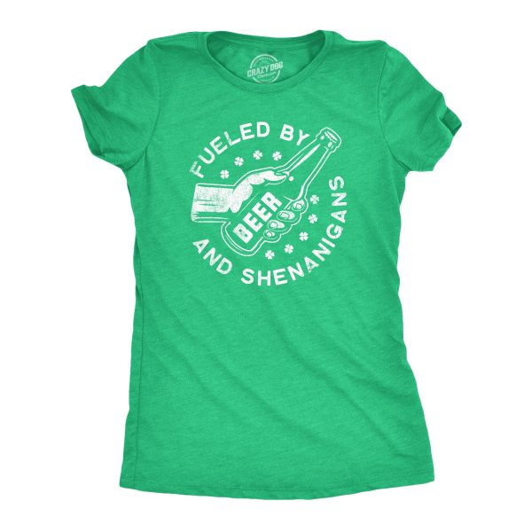 Womens Fueled By Beer And Shenanigans Tshirt Funny Saint Patrick’s Day Parade Drinking Graphic Novelty Tee For Ladies