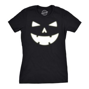 Womens Happy Tooth Glow in the Dark Pumpkin T Shirt Face Halloween Tee For Ladies Womens Happy Tooth Glow in the Dark Pumpkin T Shirt Face Halloween Tee For Ladies