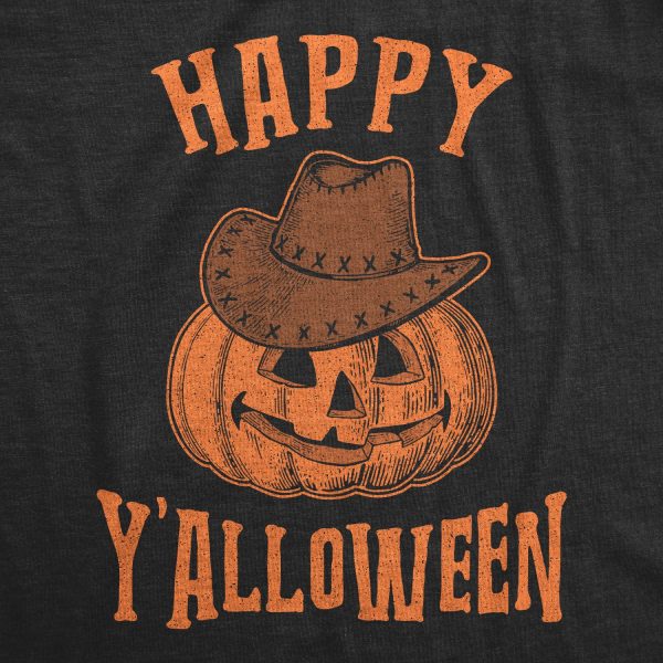 Womens Happy Y’alloween Tshirt Funny Halloween Jack-O-Lantern Cowboy Graphic Novelty Tee