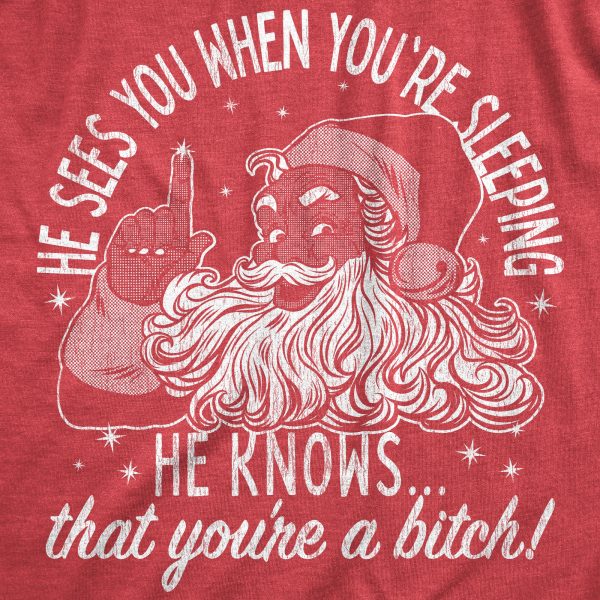 Womens He Knows That Youre A Bitch T Shirt Funny Rude Xmas Santa Claus Parody Tee For Ladies
