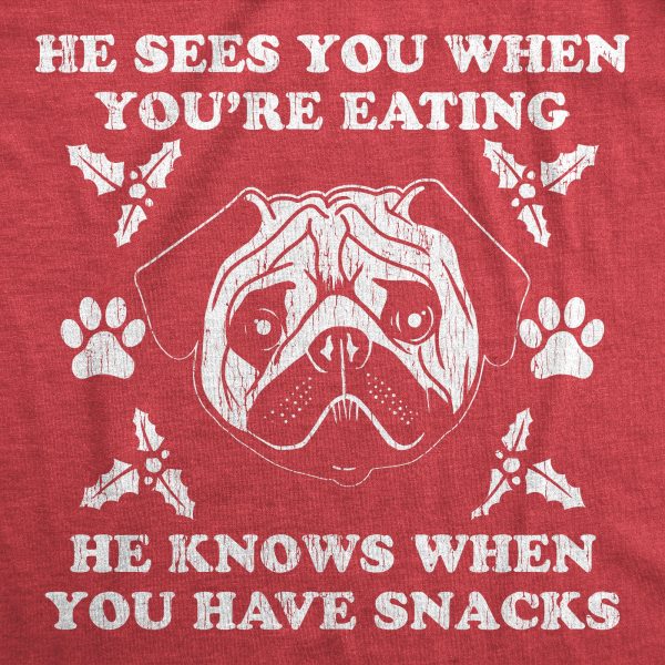 Womens He Sees You When You’re Eating He Knows When You Have Snacks Tshirt Christmas Pug Tee