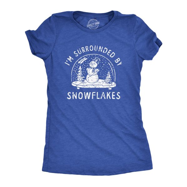 Womens Im Surrounded By Snowflakes T Shirt Funny Winter Snowman Snow Globe Tee For Ladies