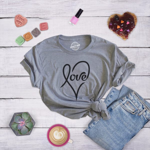 Womens Love Cursive Heart Design Cute Graphic Novelty Valentines Day T shirt