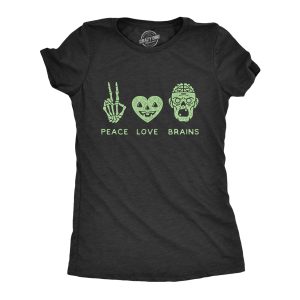 Womens Peace Love Brains Tshirt Funny Halloween Skeleton Zombie Graphic Tee Womens Peace Love Brains Tshirt Funny Halloween Skeleton Zombie Graphic Tee