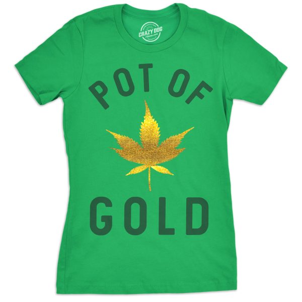 Womens Pot Of Gold Tshirt Glitter Marijuana Leaf St Patricks Day Tee For Ladies