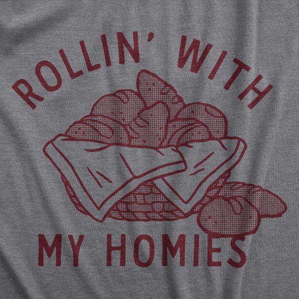 Womens Rollin With My Homies T Shirt Funny Thanksgiving Bread Dinner Roll Joke Tee For Ladies