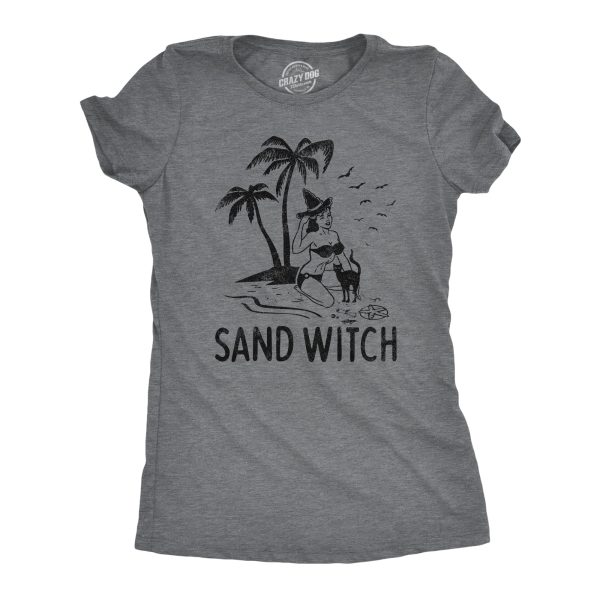 Womens Sand Witch Tshirt Funny Beach Halloween Black Cat Novelty Tee