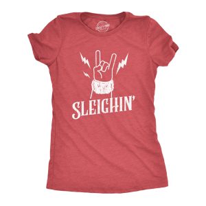 Womens Sleighin Tshirt Funny Santa Claus Christmas Rock And Roll Metal Fingers Graphic Tee