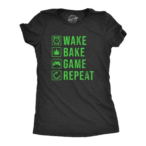 Womens Wake Bake Game Repeat T Shirt Funny 420 Weed Video Gaming Lovers Tee For Ladies