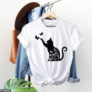 Animaux T-Shirt Fleur Chat Drole Papillon Amoureux Animaux T-Shirt Fleur Chat Drole Papillon Amoureux