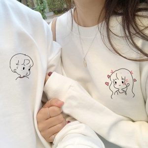 Pulls Blancs de Couple a Imprime Simple Et Mignon