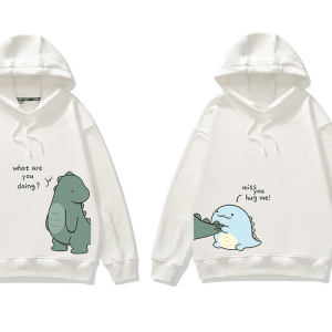 Sweat pour Couple Blanc a Capuche Au Design de Dinosaure