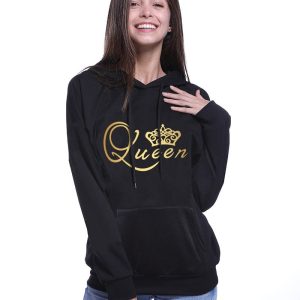 Sweats a Capuche Noirs pour Couple Imprime King Et Queen 1