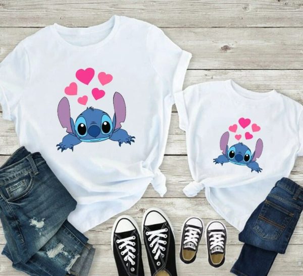 T Shirt Mere Fille Stitch Coeurs Rose