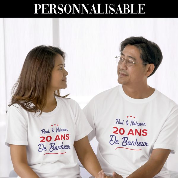 T-shirt couple personnalisable – Prenoms + annee de Bonheur  Assortis Moi