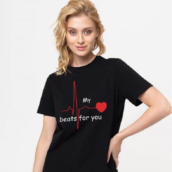 T-shirts Noirs Imprime de Battement de Coeur pour Couple