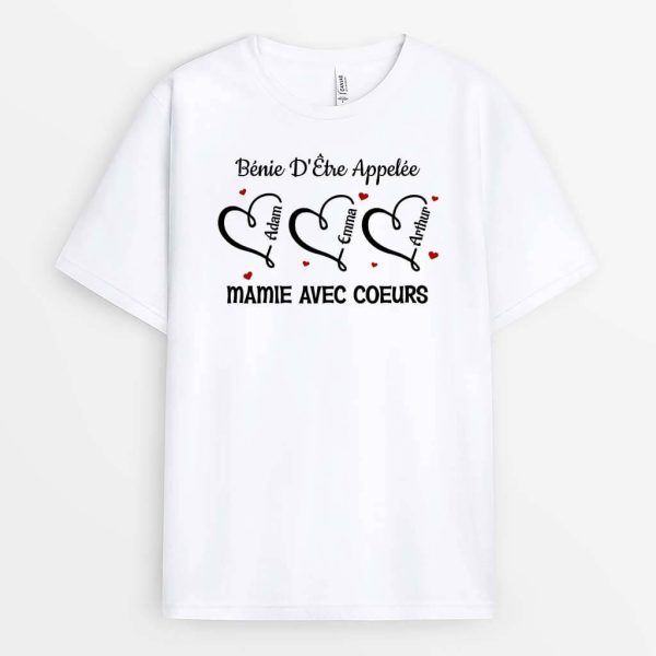 B�nie D’Etre Appelee Mamie Avec Coeurs – Cadeau Personnalise  T-shirt pour Mamie