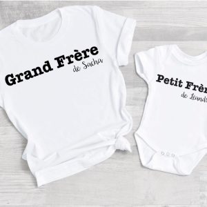 Cadeau naissance personnalise tee shirt super grand frere et body super petit frere, annonce grossesse, futur grand frere