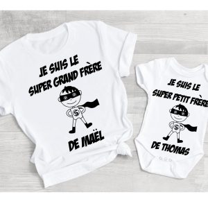 Cadeau naissance personnalise tee shirt super grand frere et body super petit frere, annonce grossesse, futur grand frere, superhero