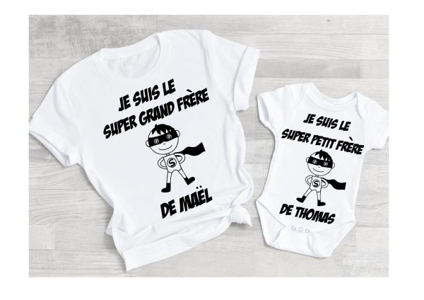 Cadeau naissance personnalise tee shirt super grand frere et body super petit frere, annonce grossesse, futur grand frere, superhero