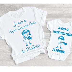 Cadeau naissance personnalise tee shirt super grande soeur et body super petit frere ,frere et soeur, super-heros, coffret naissance