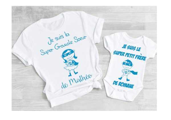 Cadeau naissance personnalise tee shirt super grande soeur et body super petit frere ,frere et soeur, super-heros, coffret naissance