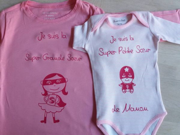 Cadeau naissance personnalise tee shirt super grande soeur et body super petite soeur , annonce grossesse, future grande soeur superhero