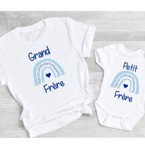 Cadeau naissance tee shirt super grand frere et body super petit frere, annonce grossesse, futur grand frere, arc en ciel