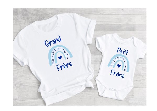 Cadeau naissance tee shirt super grand frere et body super petit frere, annonce grossesse, futur grand frere, arc en ciel