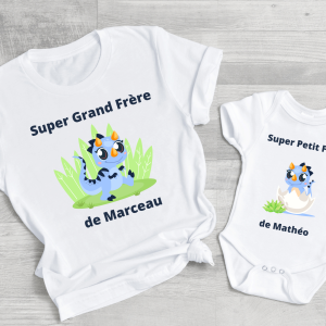 Cadeau naissance tee shirt super grand frere et body super petit frere collection dinosaure, cadeau grand frere personnalise