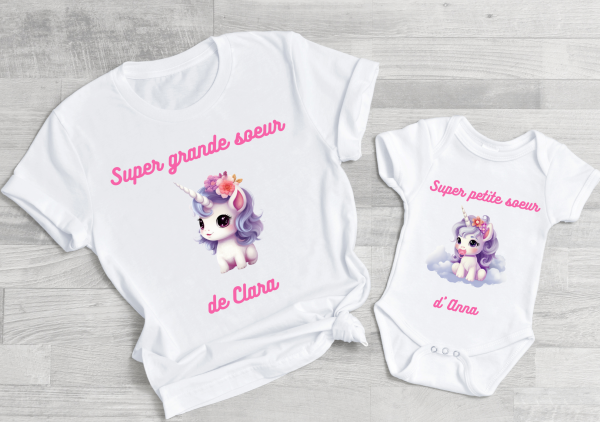 Cadeau naissance tee shirt super grande soeur et body super petite soeur collection licorne, cadeau grande soeur personnalise