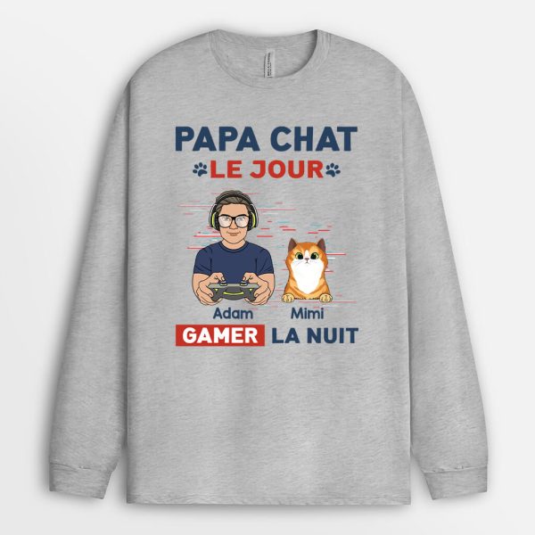 Manches Longues Papa Chat Le Jour Gamer La Nuit Personnalise