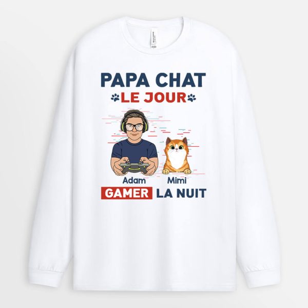 Manches Longues Papa Chat Le Jour Gamer La Nuit Personnalise