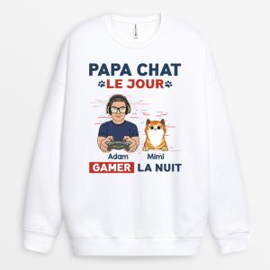Sweatshirt Papa Chat Le Jour Gamer La Nuit Personnalise