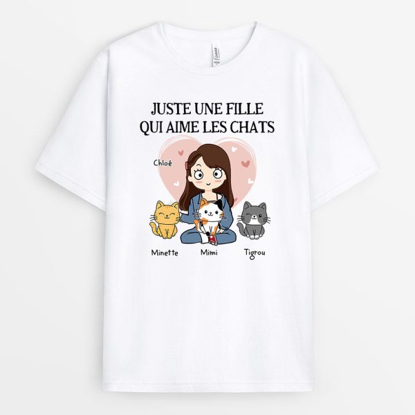 T-shirt Juste une fille qui aime les chats Cœur Personnalise