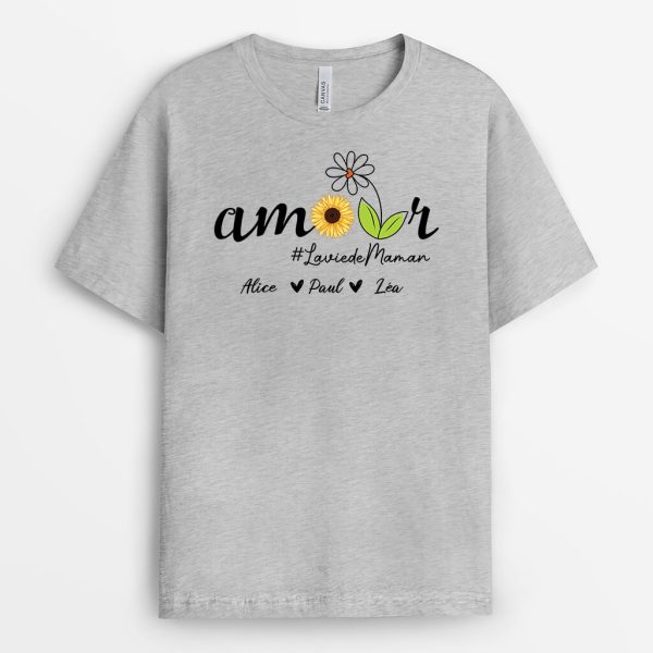 T-shirt La Vie De Maman Amour Avec Fleurs Dessinees Personnalise