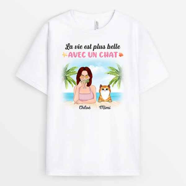 T-shirt La Vie Est Plus Belle Avec Un Chat La Plage Personnalise