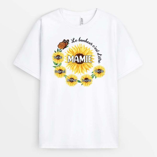 T-shirt Le Bonheur C’Est D’etre Mamie Version Tournesol Personnalise