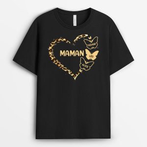T-shirt Le Coeur De Maman Mamie Leopard Papillon Personnalise T-shirt Le Coeur De Maman Mamie Leopard Papillon Personnalise