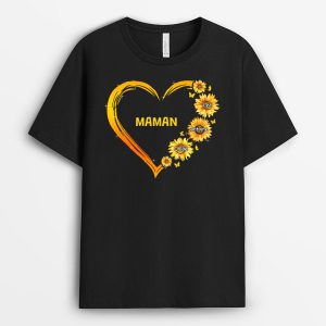 T-shirt Le Coeur De Mamie Maman Fleurs Jaunes Personnalise T-shirt Le Coeur De Mamie Maman Fleurs Jaunes Personnalise