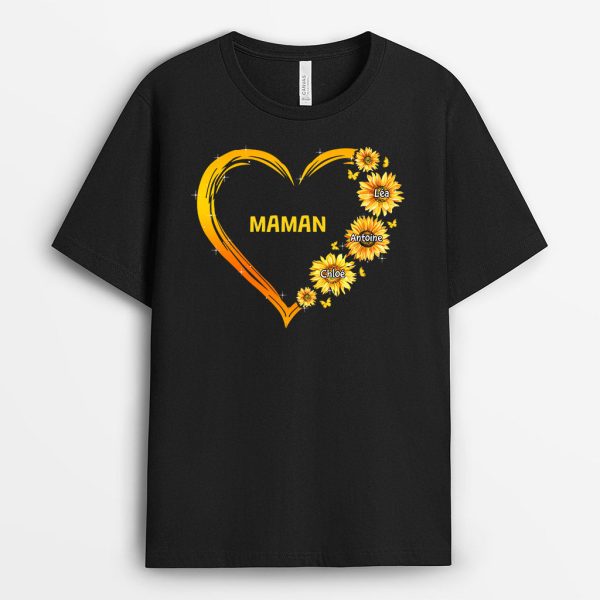 T-shirt Le Coeur De Mamie Maman Fleurs Jaunes Personnalise