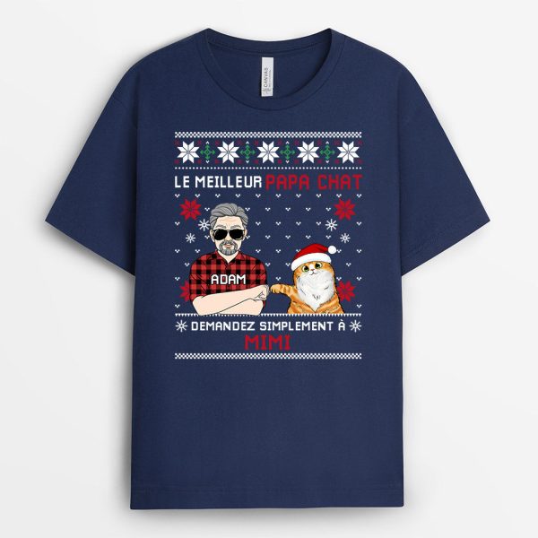 T-shirt Le Meilleur Papa Chat Demandez Noel Personnalise