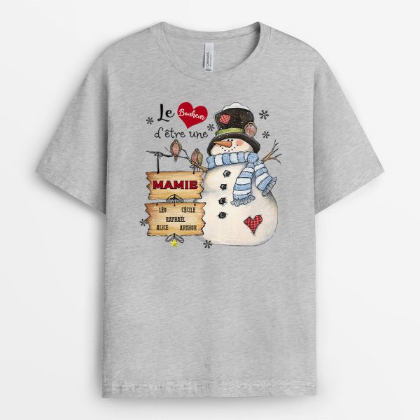 T-shirt Le bonheur d’etre Maman Mamie Bonhommes de Neige Clair Personnalise