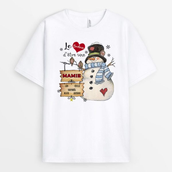 T-shirt Le bonheur d’etre Maman Mamie Bonhommes de Neige Clair Personnalise