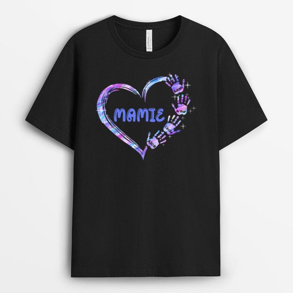 T-shirt Le coeur de Mamie Maman Mains Colorees Personnalise